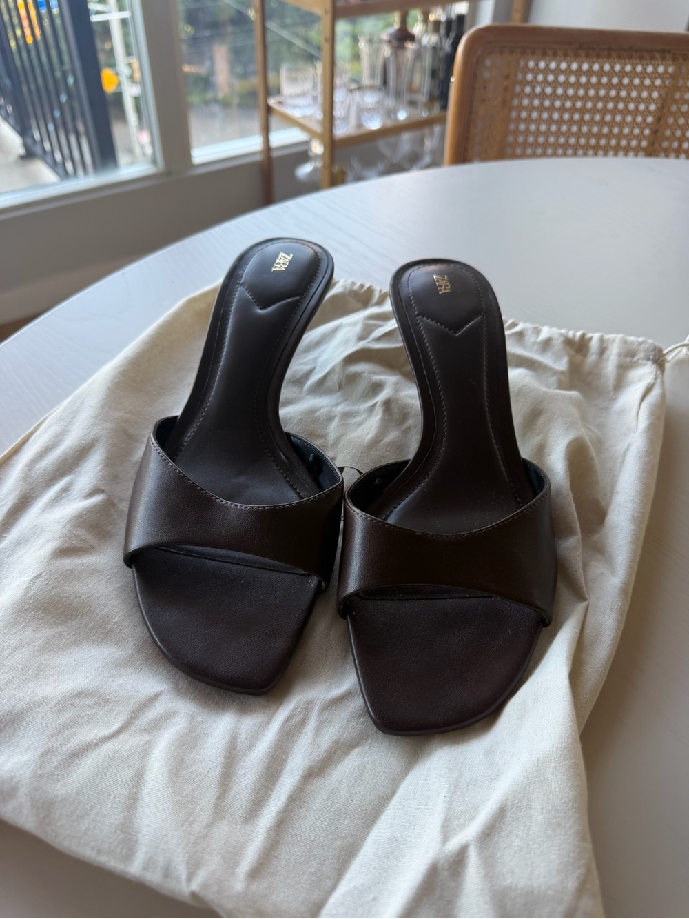 Zara Dark Brown Open-Toe Kitten-Heel Slide Mules - Picture 2 of 4
